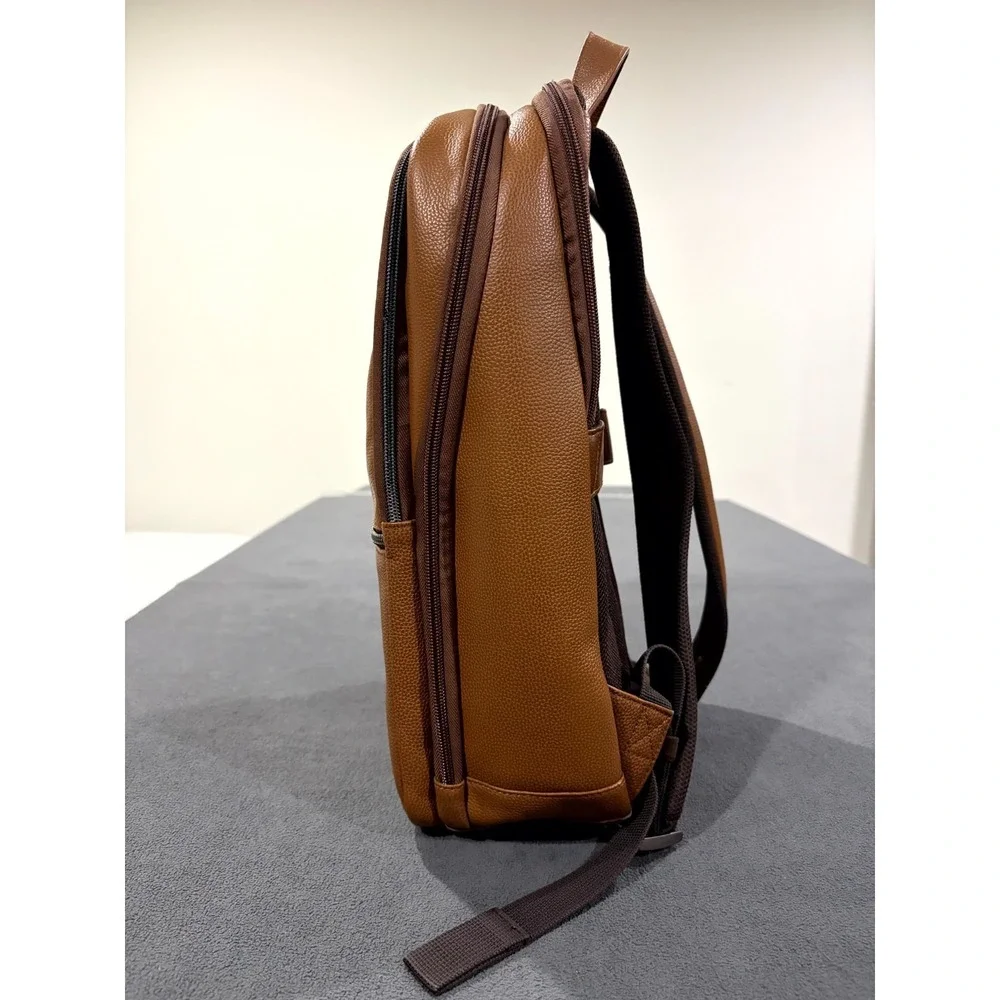 Samsonite Unisex Slim Backpack Brown Cognac Grain Leather Padded Mesh Back